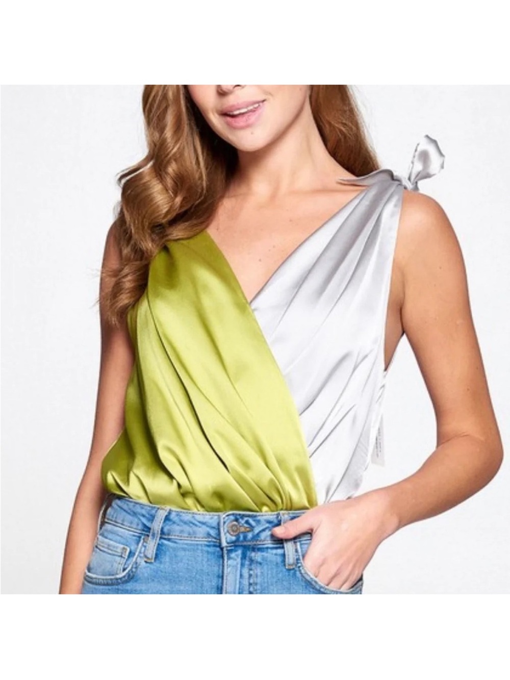 Strut & Bolt Two-Tone Knot-Shoulder Satin Bodysuit Lime Green Light Gray Medium
